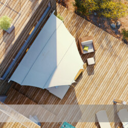 C4sun Sonnensegel an Holzhaus (Luftaufnahme) Sehr Windstabiles C4sun Sonnensegel (Blick von oben)