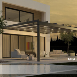 Nachtaufnahme eines Glasdachs LEINER-AREA-exclusiv Elegantes Terrassen-Glasdach mit schlanken kubischen Profilen