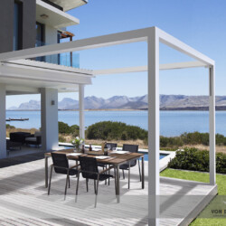 Q.bus Falt-Pergola Leiner-Sunrain Q - weiß Q.bus Falt-Pergola Leiner-Sunrain Q - geöffnet