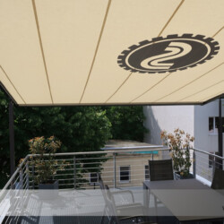 Pergola-Markise auf Dachterrasse mit Werbedruck Pergola-Markise auf Dachterrasse einer Firma in Hamburg mit Werbeaufdruck