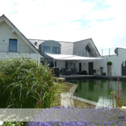 Rollup-Segel auf Terrasse mit Schwimmteich Motorisches Soliday Rollup-Segel auf Terrasse mit Schwimmteich